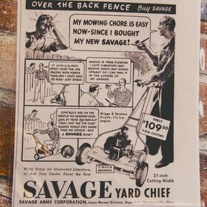 1950 Savage Yard Chief Lawn Mower Over the Back Fence Original Vtg PRINT AD‎